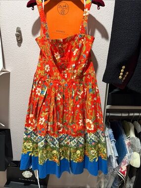 Tory Burch Red Floral Sundress with Green Border and Blue Hem